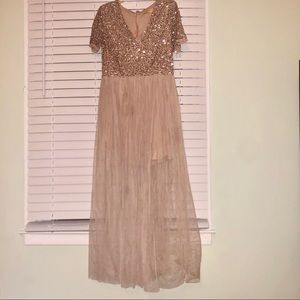 Maya sequin deep v neck top. Sheer bottom gown